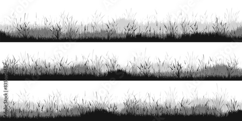 Meadow silhouettes with grass, plants on plain. Panoramic summer lawn landscape with herbs, various weeds. Herbal border, frame. Nature background. Black horizontal banner. Vector illustration