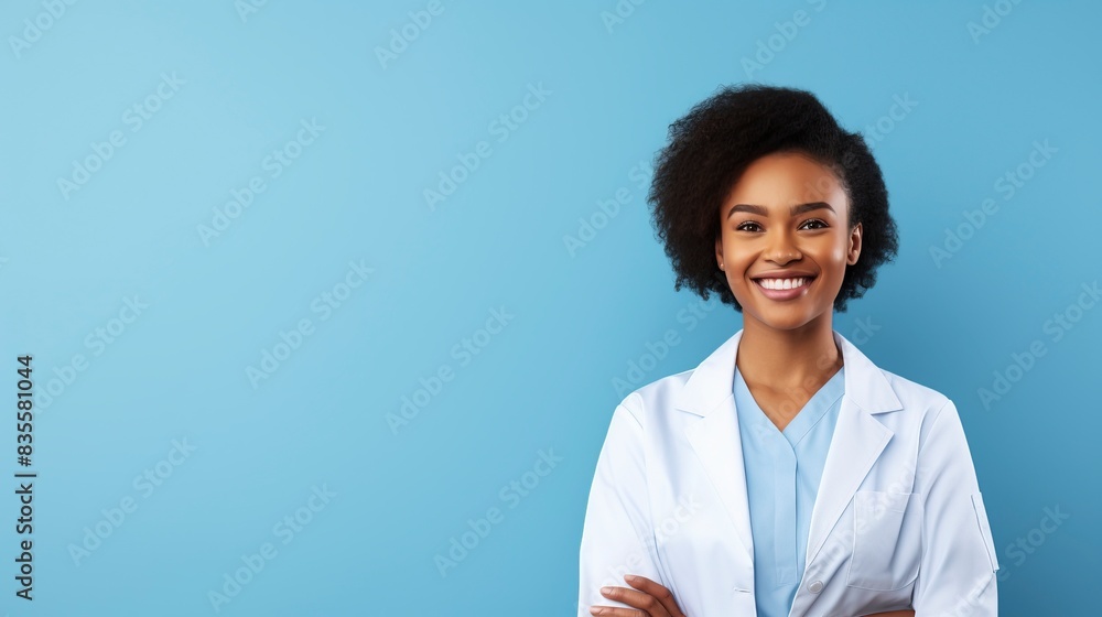 Young african american doctor woman over isolated background with a happy and cool smile on face. Lucky person, one Color background , copy space, generative ai Young african american doctor woman over isolated background with a happy and cool smile on face. Lucky person, one Color background , copy space, generative ai
