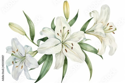watercolor white lily flowers with green stems isolated on white background floral clipart