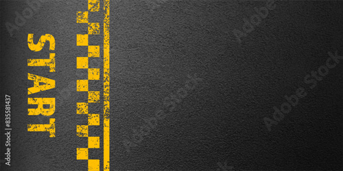 Asphalt road with yellow start line marking, concrete highway surface, texture. Street traffic lane, road dividing strip. Pattern with grainy structure, grunge stone background. Vector illustration