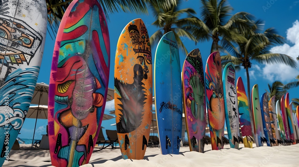 Fototapeta premium Colorful Surfboards Closeup on Beach Summer Vacation Sport Wave Surfing