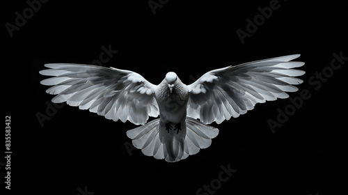 A dove captured in mid-flight against a black background, symbolizing peace, hope, and purity. Ideal for campaigns focused on peace initiatives, freedom, spirituality, and inspirational messages