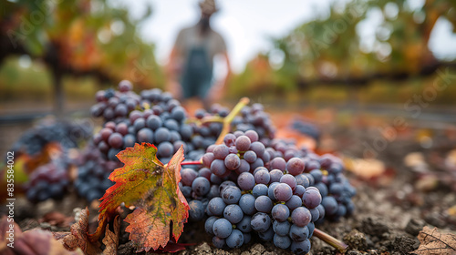 Ripe Grapes in Vineyard with Farmer in the Background during Harvest Season