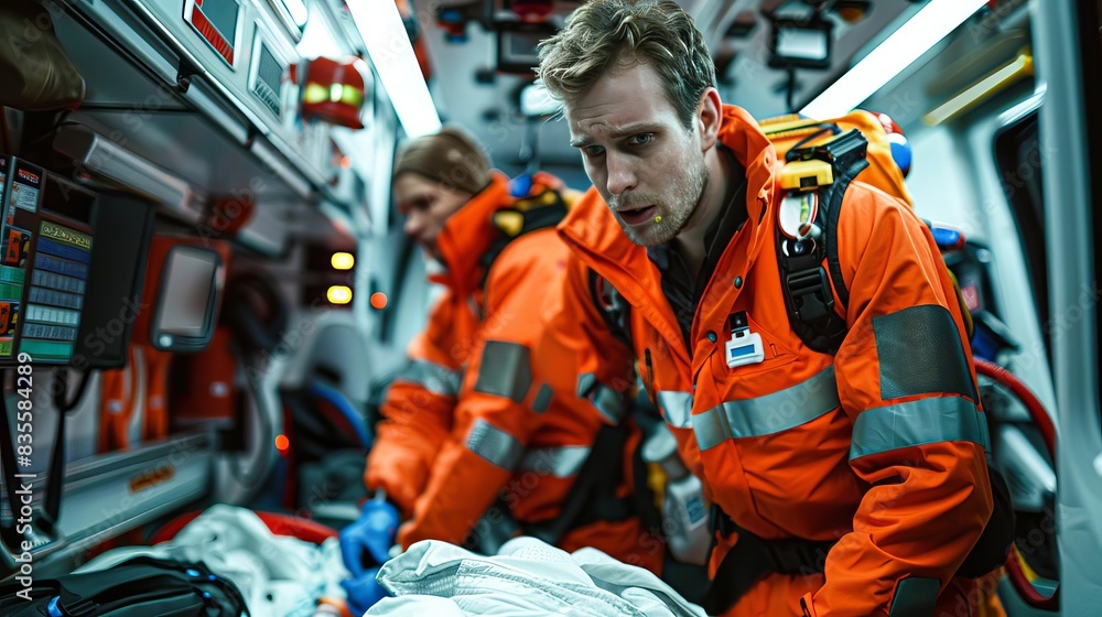 Indulge in the professionalism and dedication of paramedics in action, transporting patients in an ambulance Indulge in the professionalism and dedication of paramedics in action, transporting patients in an ambulance