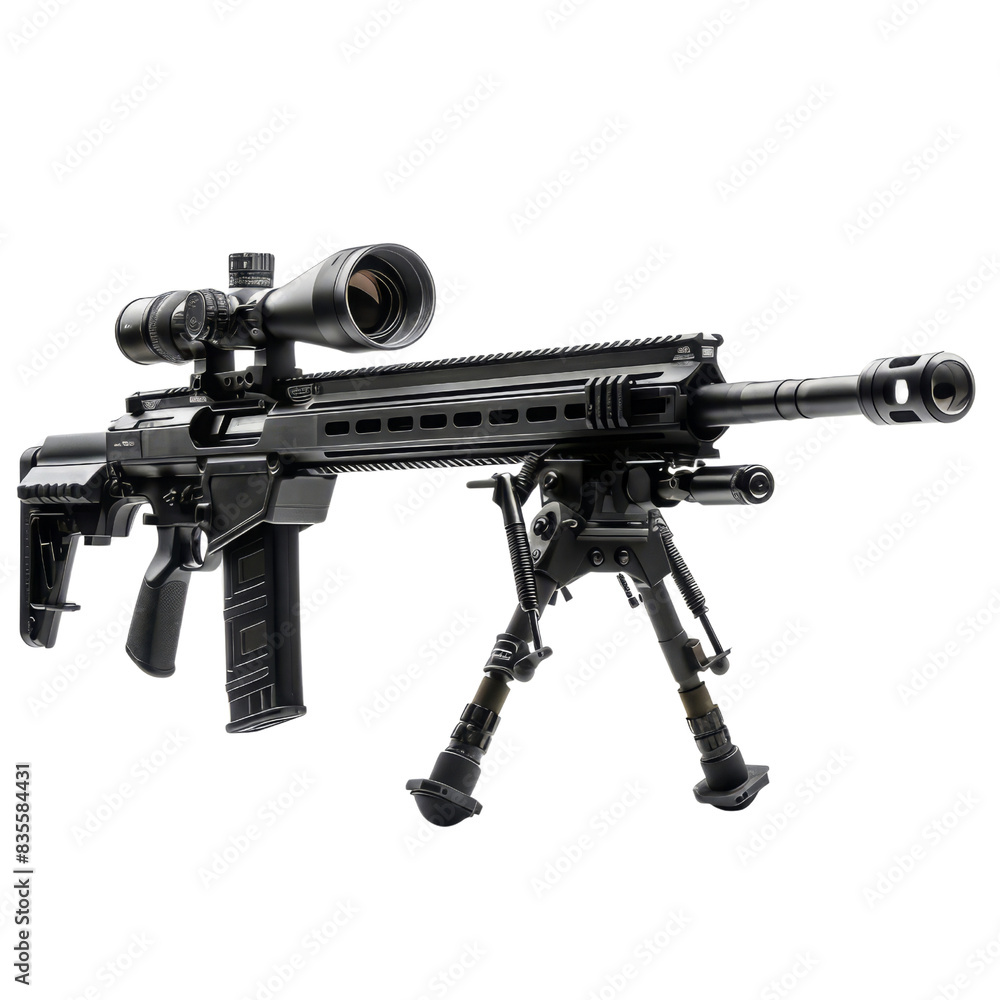 A modern black rifle with a scope and bipod, isolated on a transparent background. A modern black rifle with a scope and bipod, isolated on a transparent background.