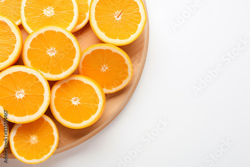 Top view of orange slices on wooden plate isolated on white background