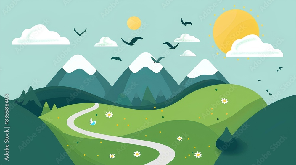 green hills and mountains with sun, clouds, birds in the sky, winding path on a light blue background, simple shapes, minimalist style, bright colors, cute cartoon design green hills and mountains with sun, clouds, birds in the sky, winding path on a light blue background, simple shapes, minimalist style, bright colors, cute cartoon design
