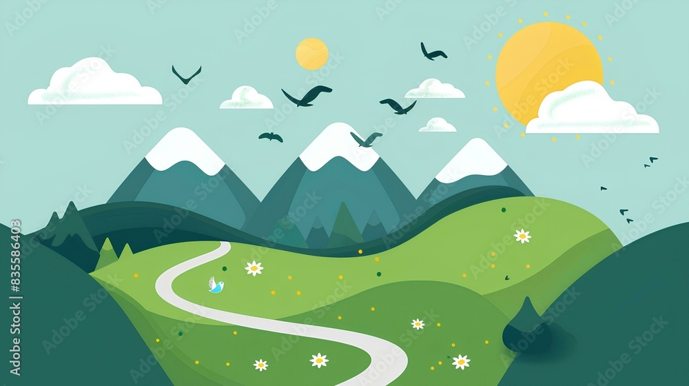 green hills and mountains with sun, clouds, birds in the sky, winding path on a light blue background, simple shapes, minimalist style, bright colors, cute cartoon design