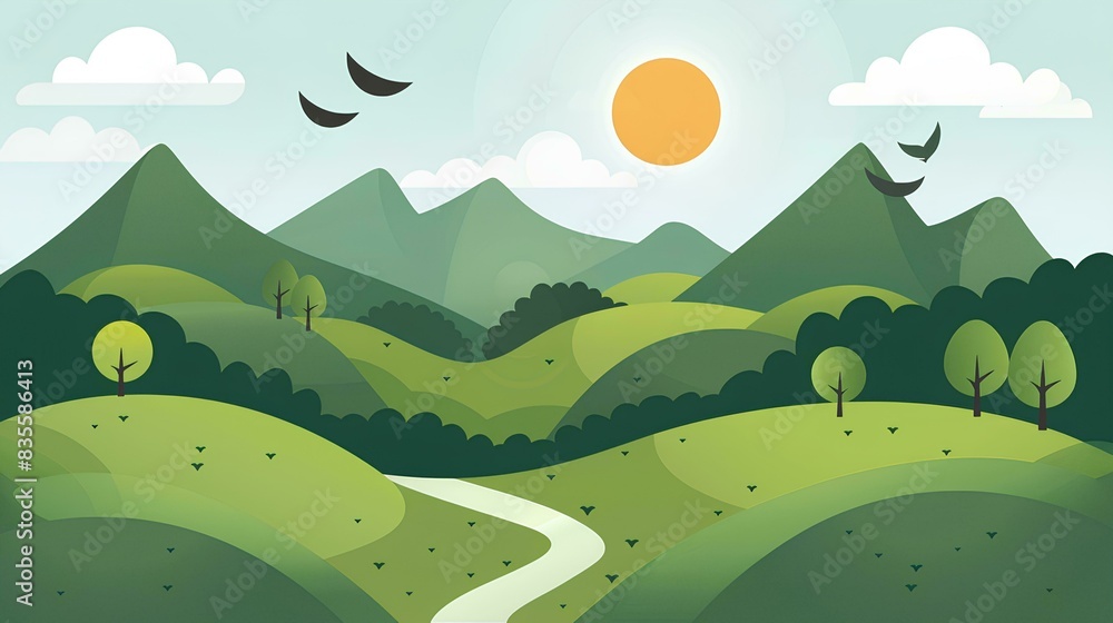 Obraz premium green hills and mountains with sun, clouds, birds in the sky, winding path on a light blue background, simple shapes, minimalist style, bright colors, cute cartoon design