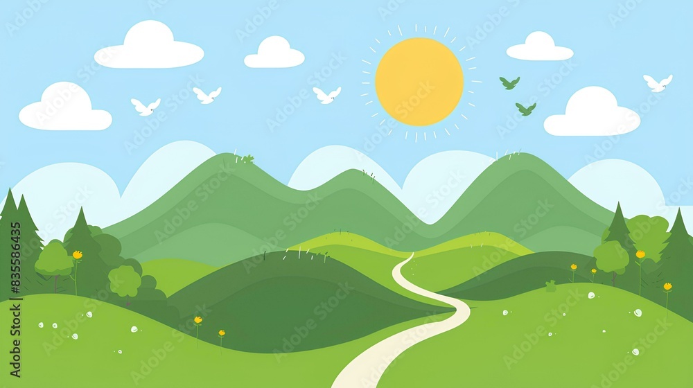 green hills and mountains with sun, clouds, birds in the sky, winding path on a light blue background, simple shapes, minimalist style, bright colors, cute cartoon design