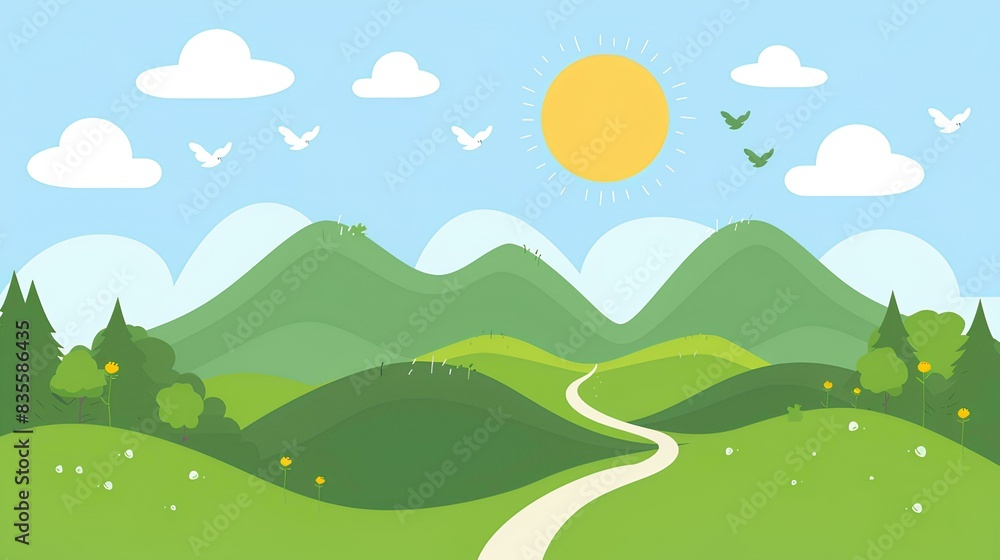 green hills and mountains with sun, clouds, birds in the sky, winding path on a light blue background, simple shapes, minimalist style, bright colors, cute cartoon design green hills and mountains with sun, clouds, birds in the sky, winding path on a light blue background, simple shapes, minimalist style, bright colors, cute cartoon design