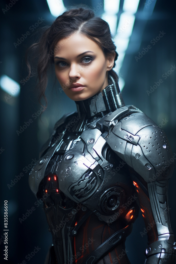 Naklejka premium Beautiful girl with cybernetic metal armor, cyborg, battle uniform, future technology