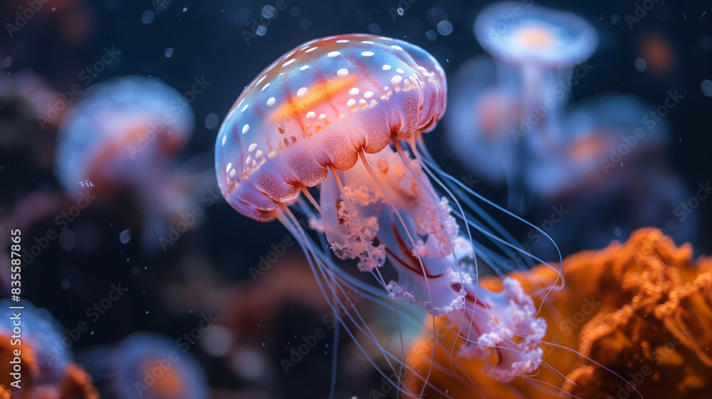 Close-Up of Vibrant Jellyfish Underwater with Other Jellyfish in the Background Close-Up of Vibrant Jellyfish Underwater with Other Jellyfish in the Background