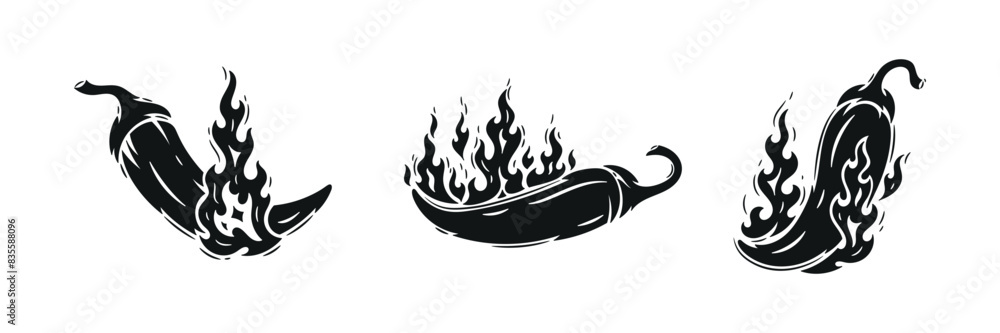 Set of Red Chili Peppers with Fire Flames. Hot Chilli Taste. Spicy Food. Vector illustration. Set of Red Chili Peppers with Fire Flames. Hot Chilli Taste. Spicy Food. Vector illustration.