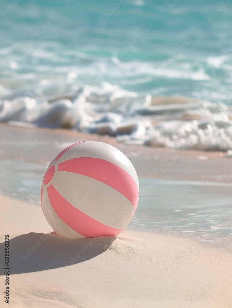 Obraz premium A beach ball with white and pink stripes is lying on the sand of an exotic, beautiful sandy shore. The background features azure water and waves. generative AI