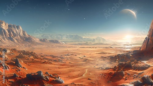 panoramic view of the Martian landscape within the Solar System with Olympus Mons and Valles Marineris visible in the distance photo