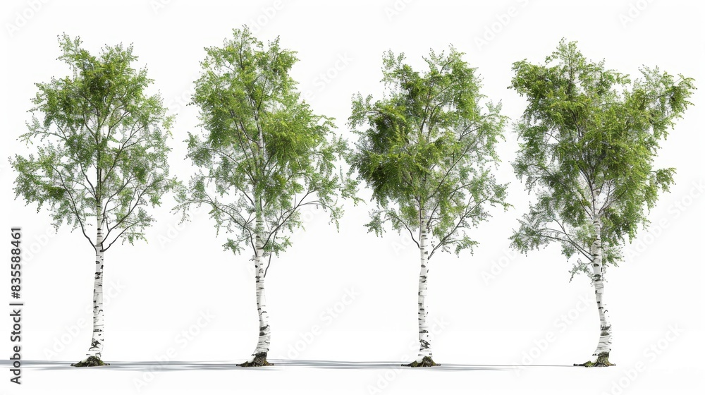 Four Birch Trees Isolated on White Background, Generative AI Four Birch Trees Isolated on White Background, Generative AI