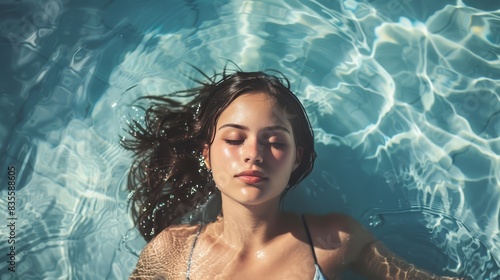 High angle view of woman relaxing in the swimming pool. Sun-kissed relaxation. © Rustam