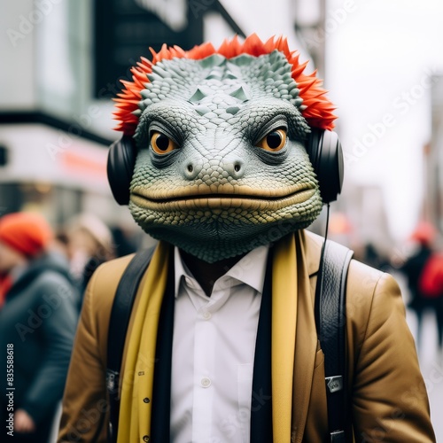 a vertical shot of young man wearing red leather mask and yellow jacket in the citya city photo