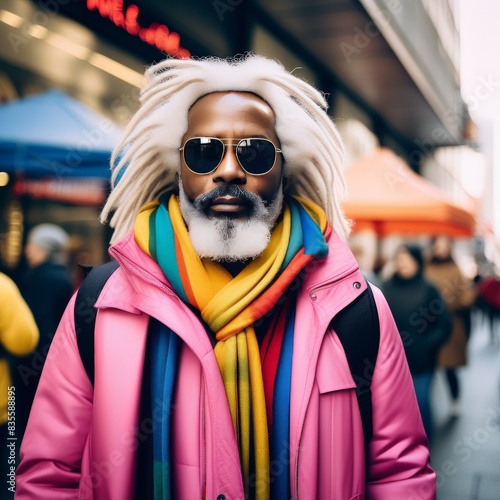 young man in a pink jacket and white scarf with beard mustache the background