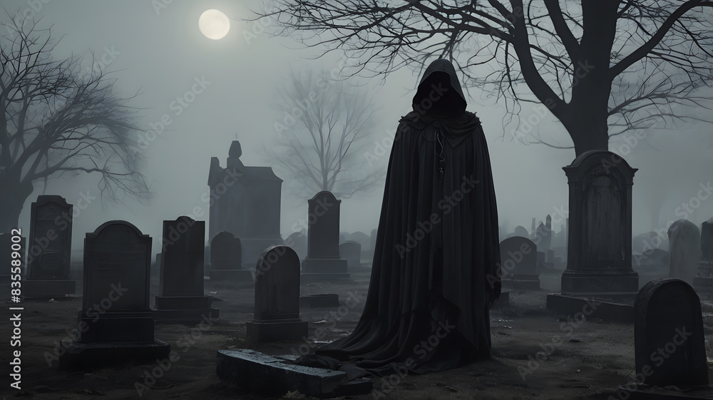 a foggy graveyard with a black robe on the top a foggy graveyard with a black robe on the top