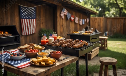 American flag decorations and a barbecue with a variety of food and drinks set up outside for a delightful outdoor dining experience  4th July food  backyard BBQ party for Independence Day background
