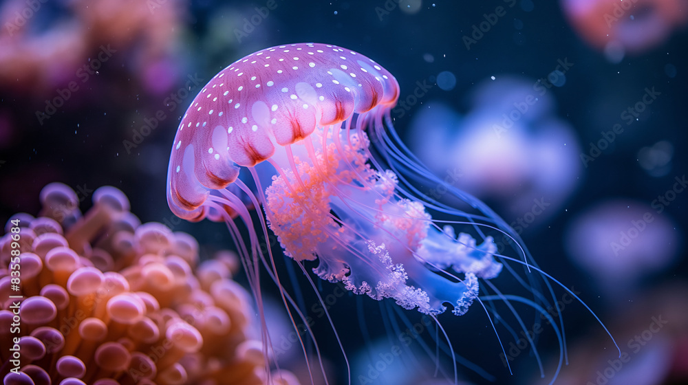 Close-Up of Vibrant Jellyfish Underwater with Other Jellyfish in the Background Close-Up of Vibrant Jellyfish Underwater with Other Jellyfish in the Background