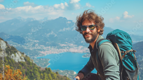 tourist on top of the mountain, portrait of a traveler 