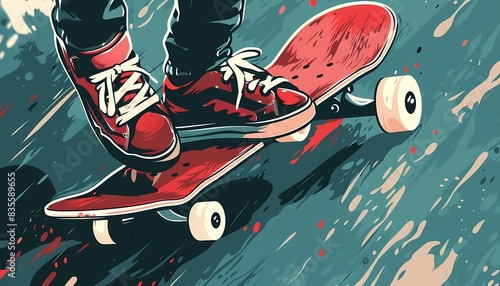 Design a flat design of a person skateboarding in a skate park photo