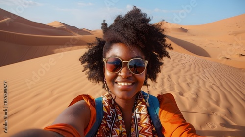 Young African female tourist in sunglasses taking selfie on the desert sand dunes © Aqsa