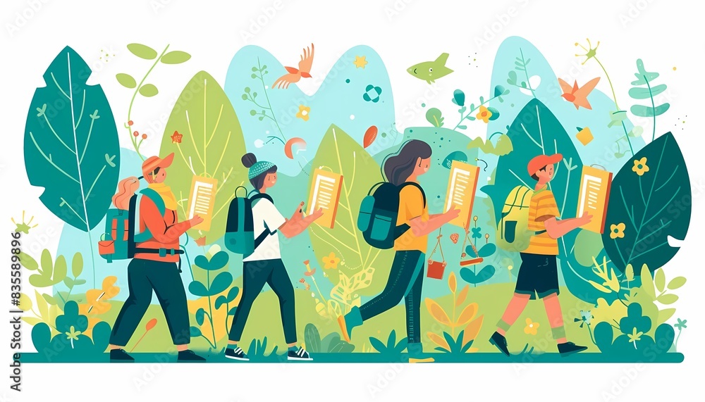 Generate a flat design of a group doing a scavenger hunt in the park Generate a flat design of a group doing a scavenger hunt in the park