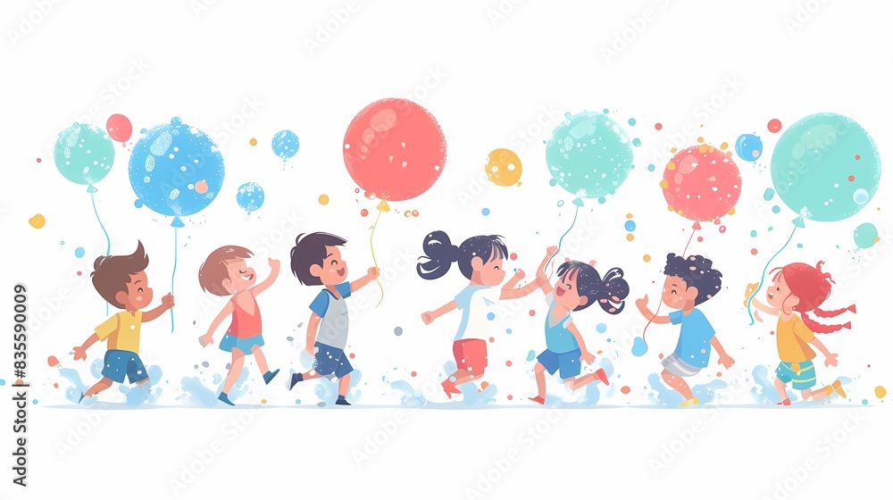 Illustrate a flat design of kids having a water balloon fight
