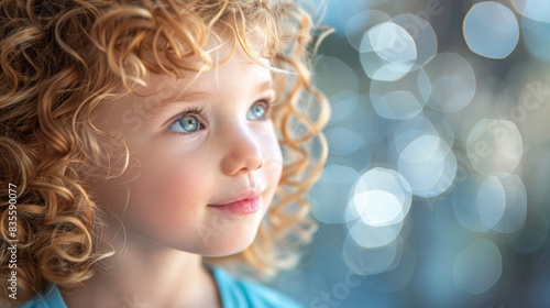 A young child with curly blonde hair and blue eyes looks up with wonder, set against a background of soft bokeh lights, capturing innocence and curiosity