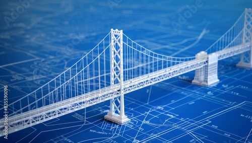 3d white model of the bay bridge on blue blueprint background, high resolution photography