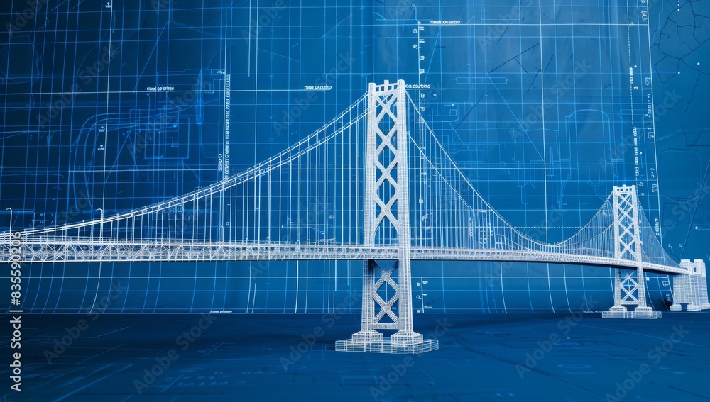 Fototapeta premium 3d white model of the bay bridge on blue blueprint background, high resolution photography