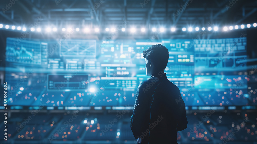 A man stands in front of a large screen displaying a sports game A man stands in front of a large screen displaying a sports game