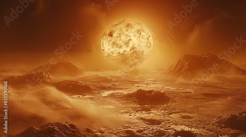 probe descending through the thick atmosphere of Venus with its volcanic landscape visible below