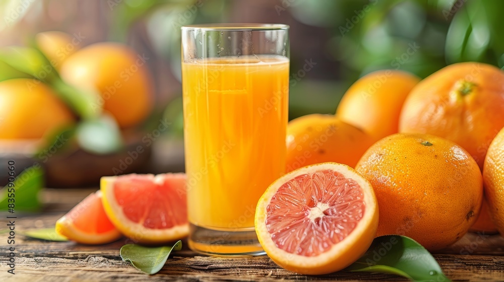 A refreshing glass of fresh orange juice on a rustic wooden table surrounded by whole and sliced oranges with green leaves in a natural, outdoor setting A refreshing glass of fresh orange juice on a rustic wooden table surrounded by whole and sliced oranges with green leaves in a natural, outdoor setting