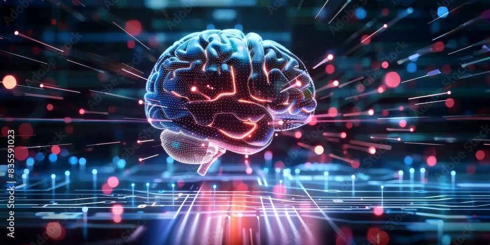 3D rendering of an AI brain surrounded by digital connections on top of high-tech computer equipment, symbolizing the power and intelligence in artificial intelligence. 3D rendering of an AI brain surrounded by digital connections on top of high-tech computer equipment, symbolizing the power and intelligence in artificial intelligence.