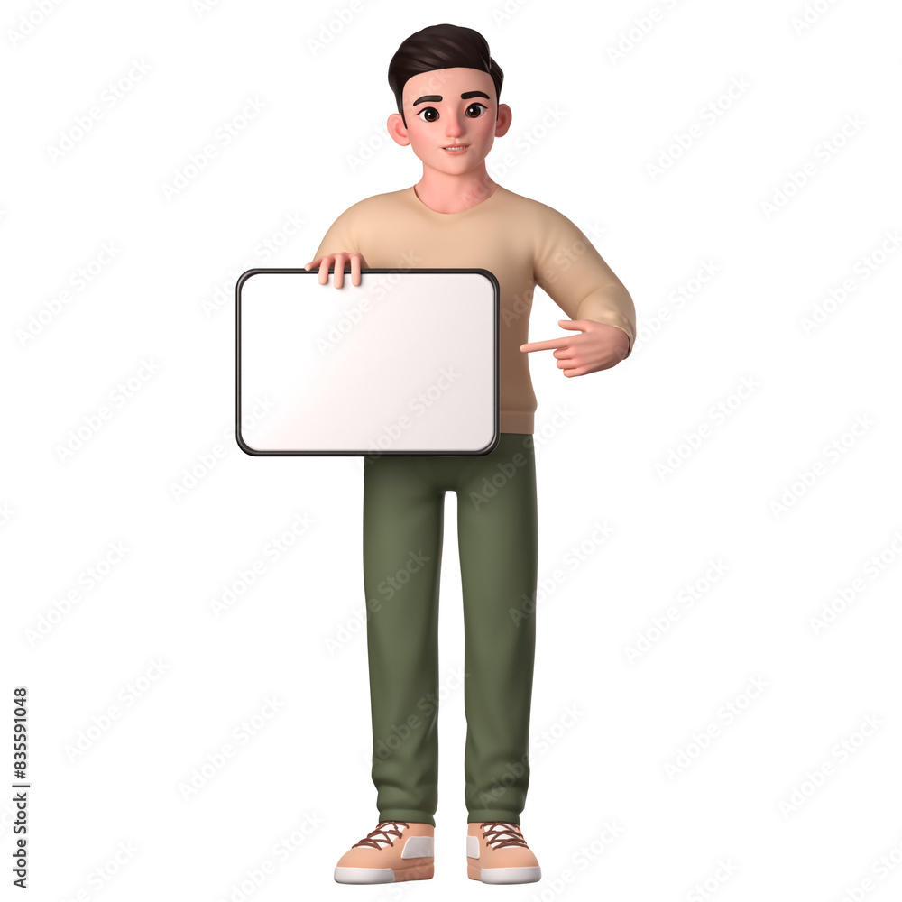 Man character holding a big white digital tablet with right hand and left hand pointing to promote and market business, 3D Character Illustration. Man character holding a big white digital tablet with right hand and left hand pointing to promote and market business, 3D Character Illustration.