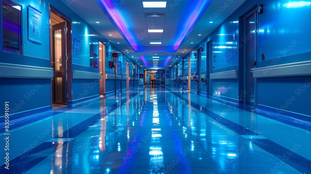 Modern hospital corridor illuminated with blue and LED lights, showcasing polished floors and high-tech ambiance stretching into the distance Modern hospital corridor illuminated with blue and LED lights, showcasing polished floors and high-tech ambiance stretching into the distance
