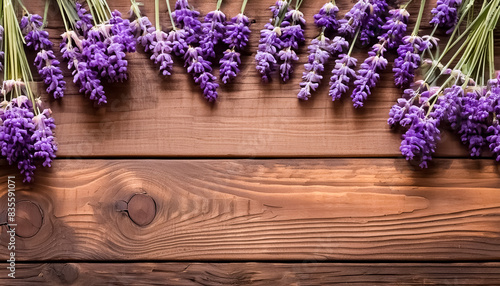 Lavender sprigs on dark wood background; flat lay with text space