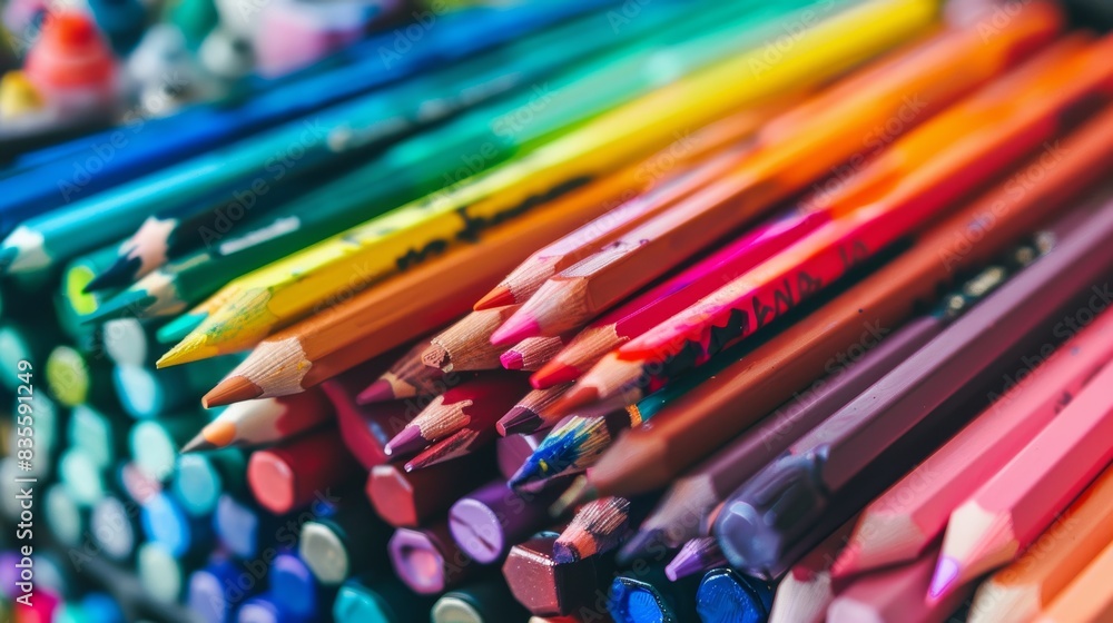 A vibrant, close-up photograph capturing an assortment of colorful pencils carefully arranged together, showcasing a spectrum of hues, from greens and blues to reds and oranges, in a creative and A vibrant, close-up photograph capturing an assortment of colorful pencils carefully arranged together, showcasing a spectrum of hues, from greens and blues to reds and oranges, in a creative and