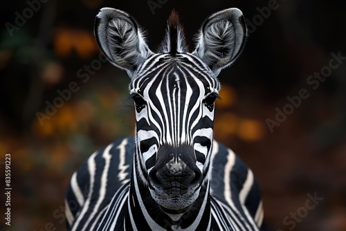 Close-up portrait of a zebra with distinctive black and white stripes  standing out against a blurred natural background with warm  earthy tones