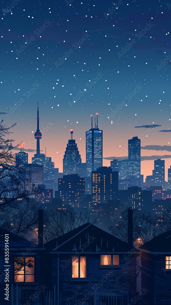 Silhouette of a row of houses against the backdrop of a city skyline, with the lights of skyscrapers twinkling in the distance