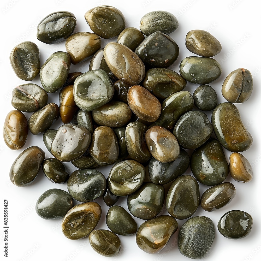 Smooth and shiny black river rocks and pebbles on white background showcasing natural beauty and texture of polished stones in various shapes and sizes Smooth and shiny black river rocks and pebbles on white background showcasing natural beauty and texture of polished stones in various shapes and sizes