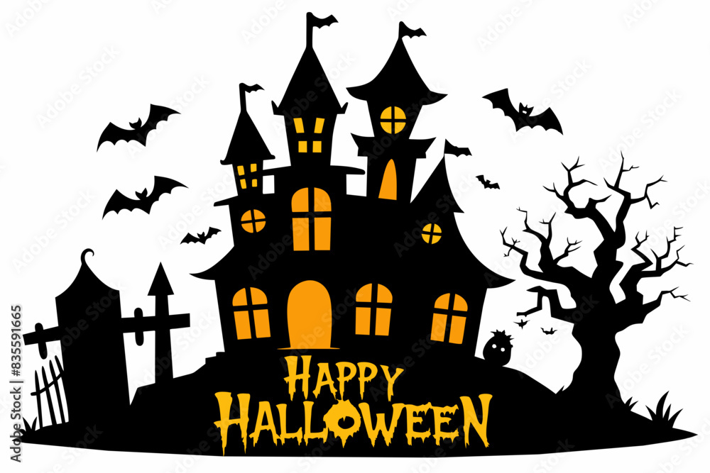 silhouette Halloween house text happy Halloween vector illustration