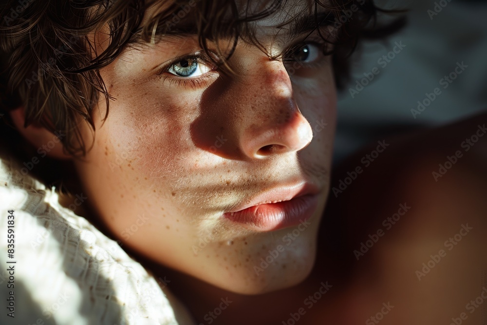 A close-up portrait of a young individual with captivating blue eyes and a lightly freckled face lying down in soft, natural light and shadow A close-up portrait of a young individual with captivating blue eyes and a lightly freckled face lying down in soft, natural light and shadow