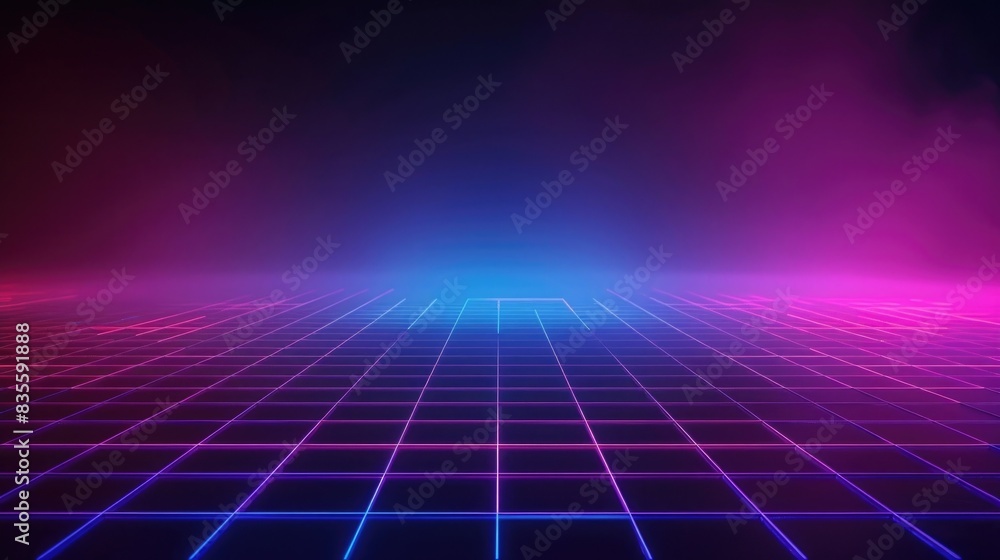 Abstract background with neon blue and purple light, dark black gradient stage for product presentation with grid on the floor