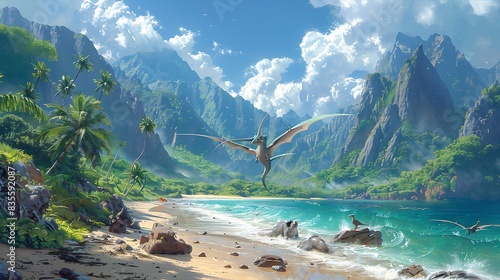Quetzalcoatlus flying above a tropical coastline with waves crashing on the shore and other dinosaurs nearby